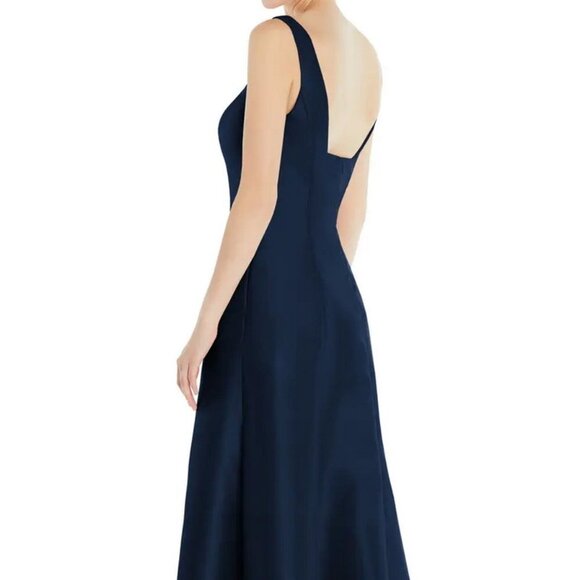 Alfred Sung D826 Midnight Blue Square Neck Satin A-Line Gown - Picture 5 of 6